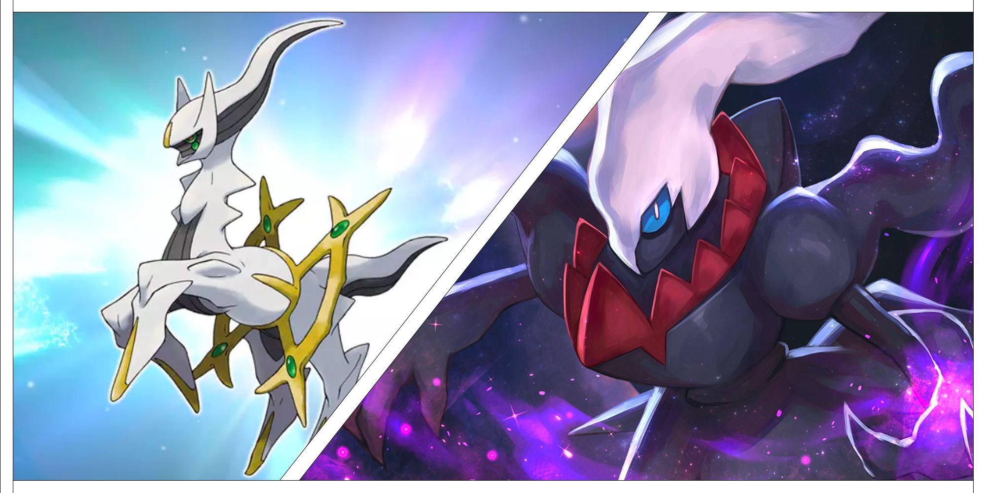 An Image of Arceus, the God of All Pokemon, Spliced Together With An Image Of Darkrai, the Pokemon of Darkness Incarnate.