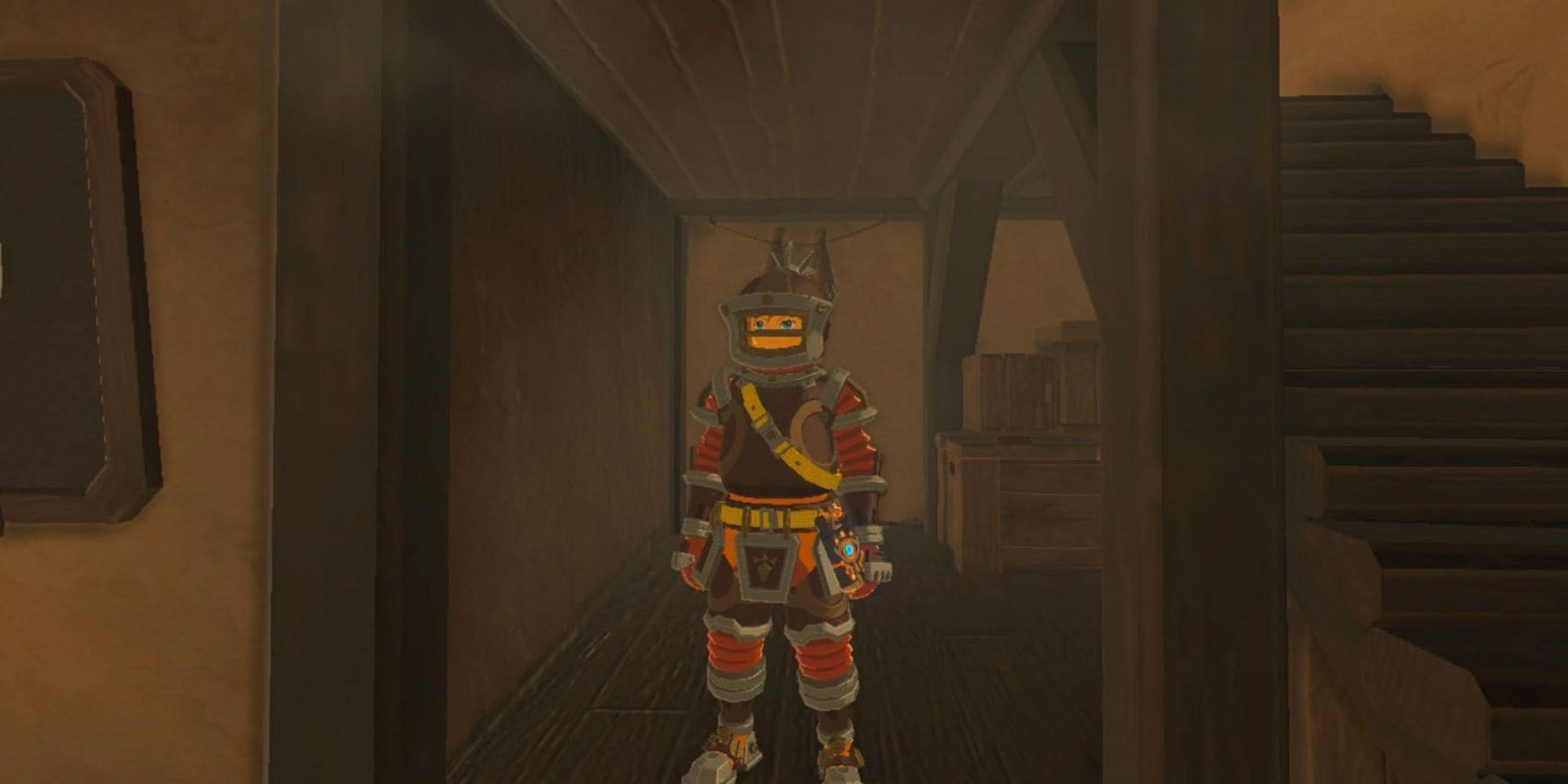 Link stands in a house while wearing the Flamebreaker Set