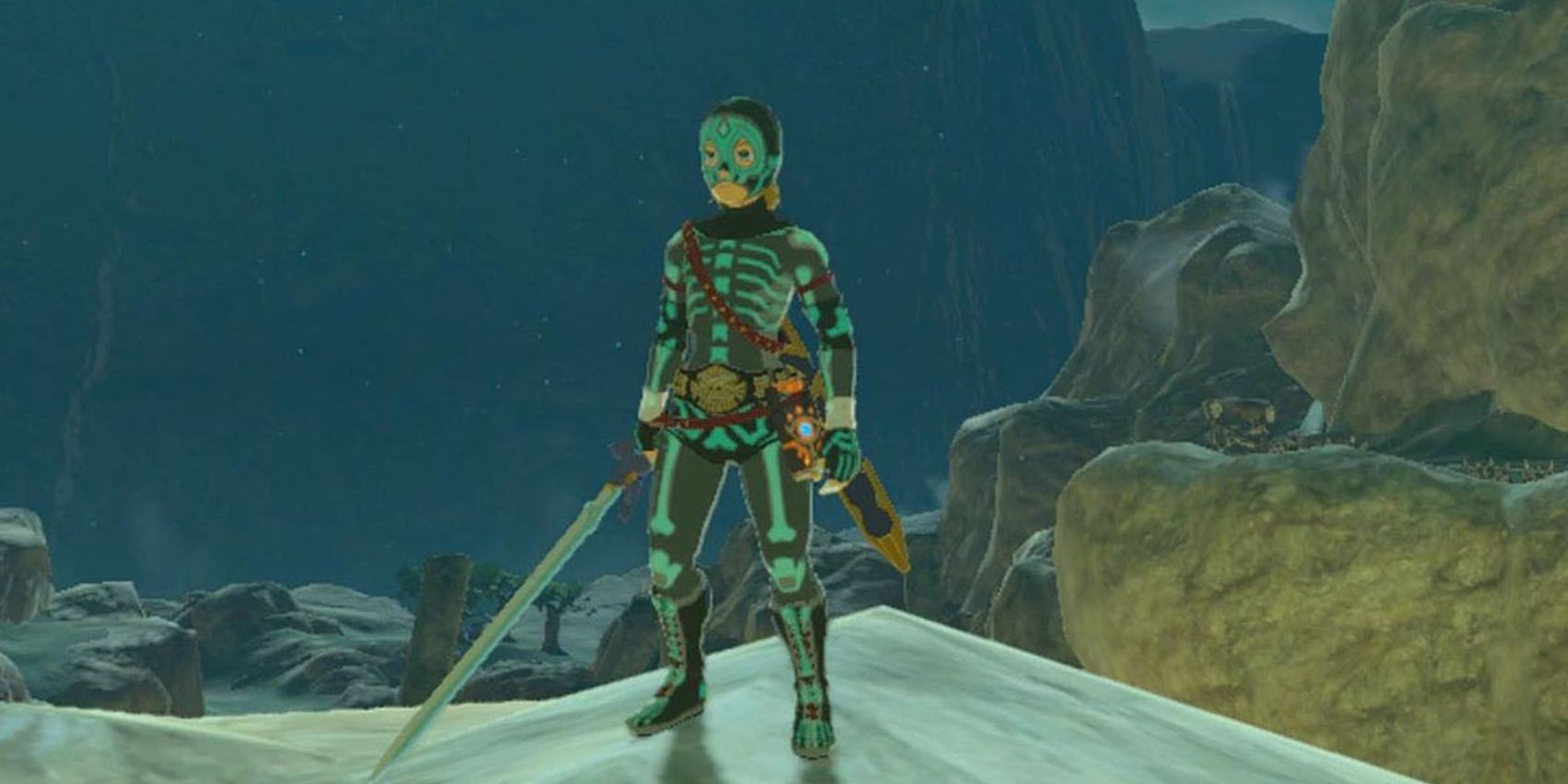 Link stands on a cliff at night while wearing the Radiant Armor