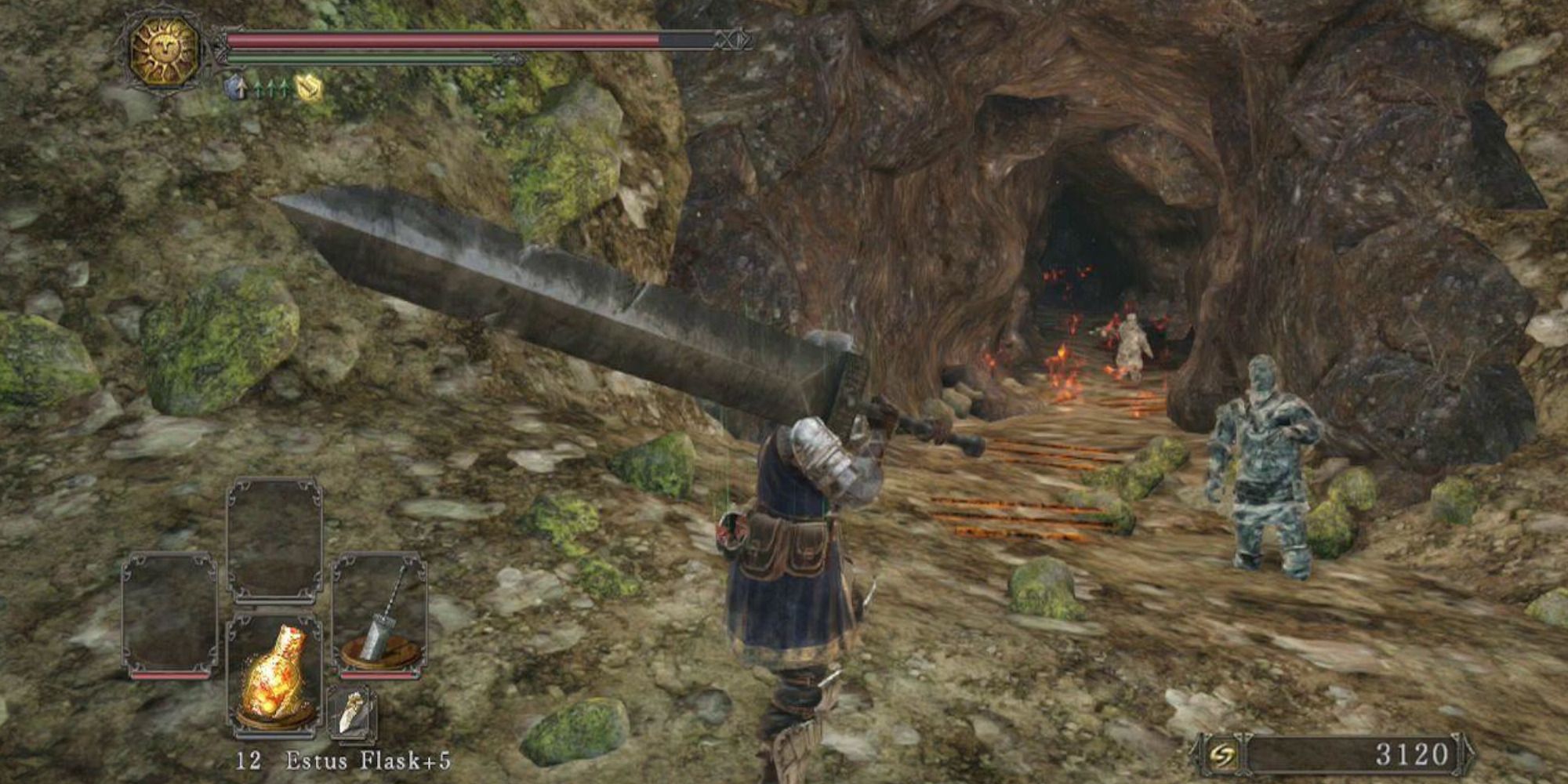 A Dark Souls 2 Player using the Greatsword ultra weapon with Light Armor
