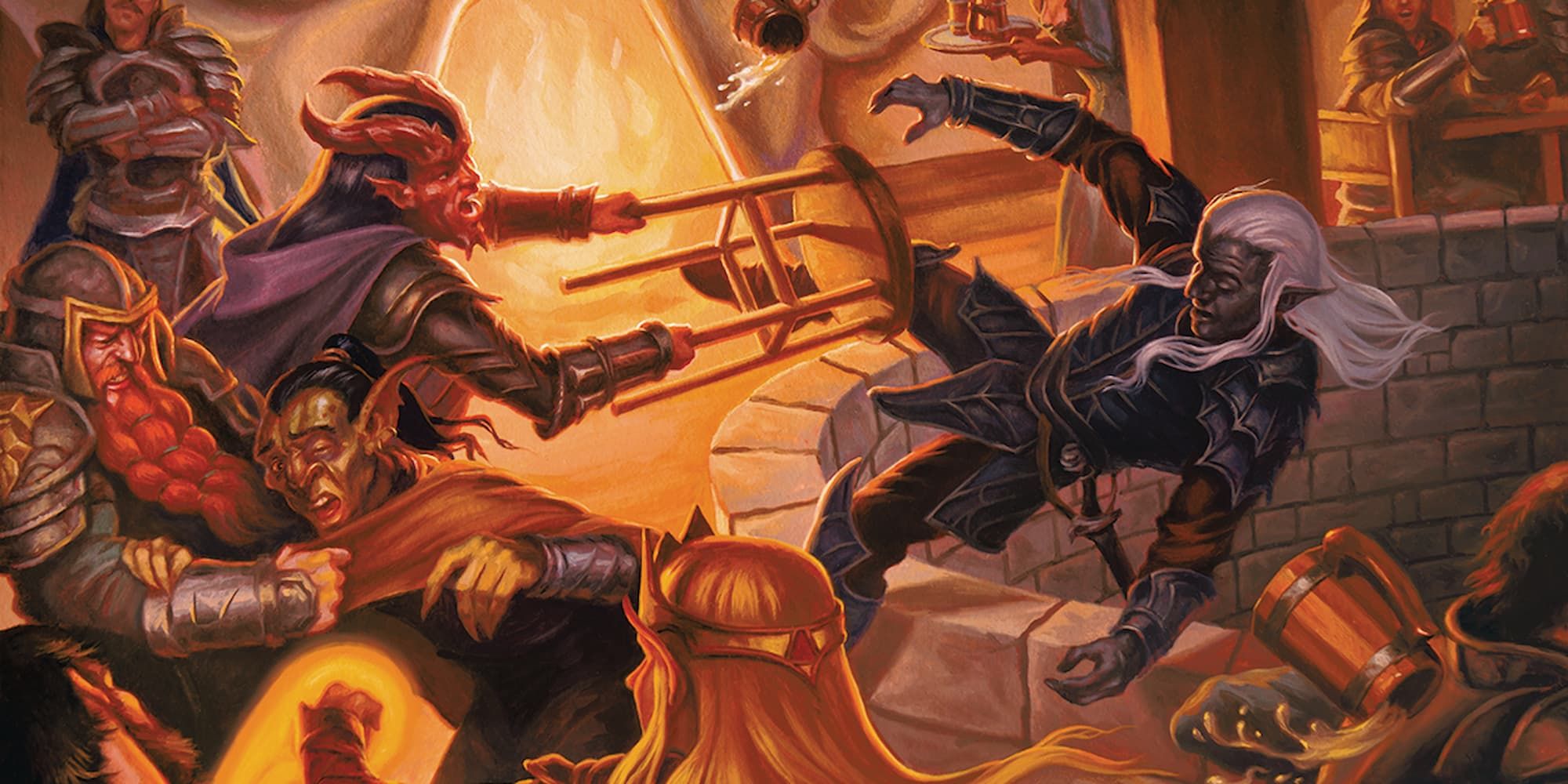 A fight occurring in a tavern, with an elf being knocked into a pit by a tielfing from Dungeons and Dragons