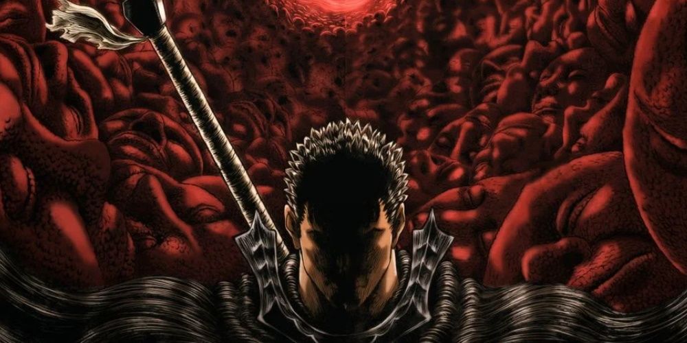 Berserk Anime, Guts obscured by shadows and surrounded by faces