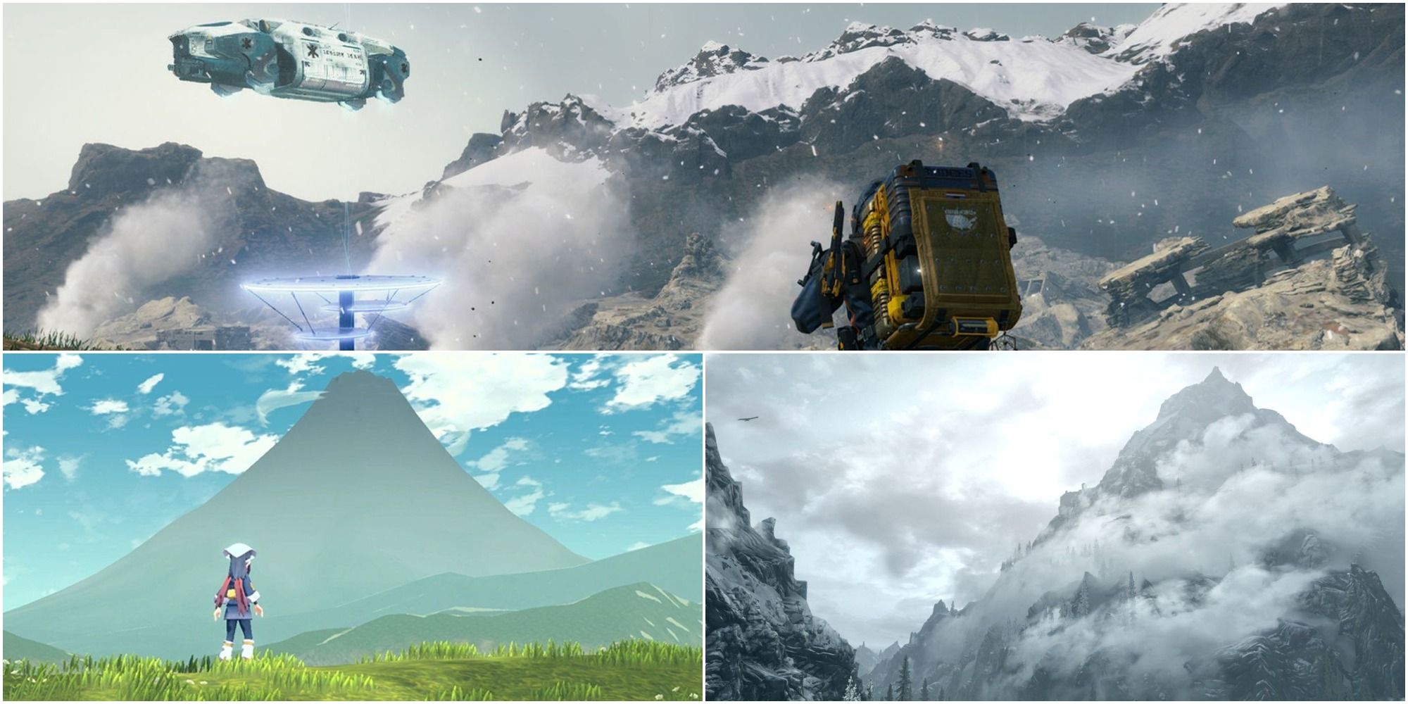 On the top, Sam walking towards a mountain with holograms in front of him. Bottom left, the player character looking at Mt Coronet in the distance. Bottom Right, the throat of the world from skyrim