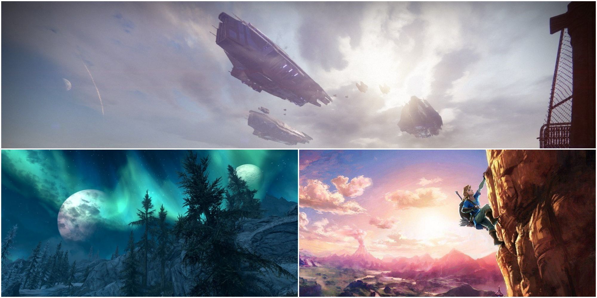 On the top, the sky of the Cosmodrome in Destiny, the bottom left, the aurora and moons in Skyrim, the bottom right, art of Link climbing a mountain in Breath of the Wild