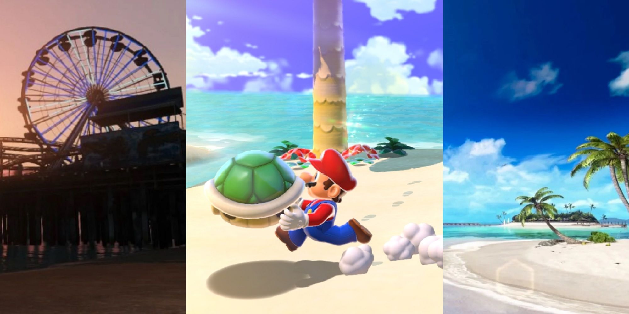 A split image featuring Del Perro Beach at Sunset from Grand Theft Auto 5, Mario running along the sand with a Koopa Troopa shell in Super Mario 3D World's Sunshine Seaside, and New Zack Island from Dead or Alive Xtreme 2