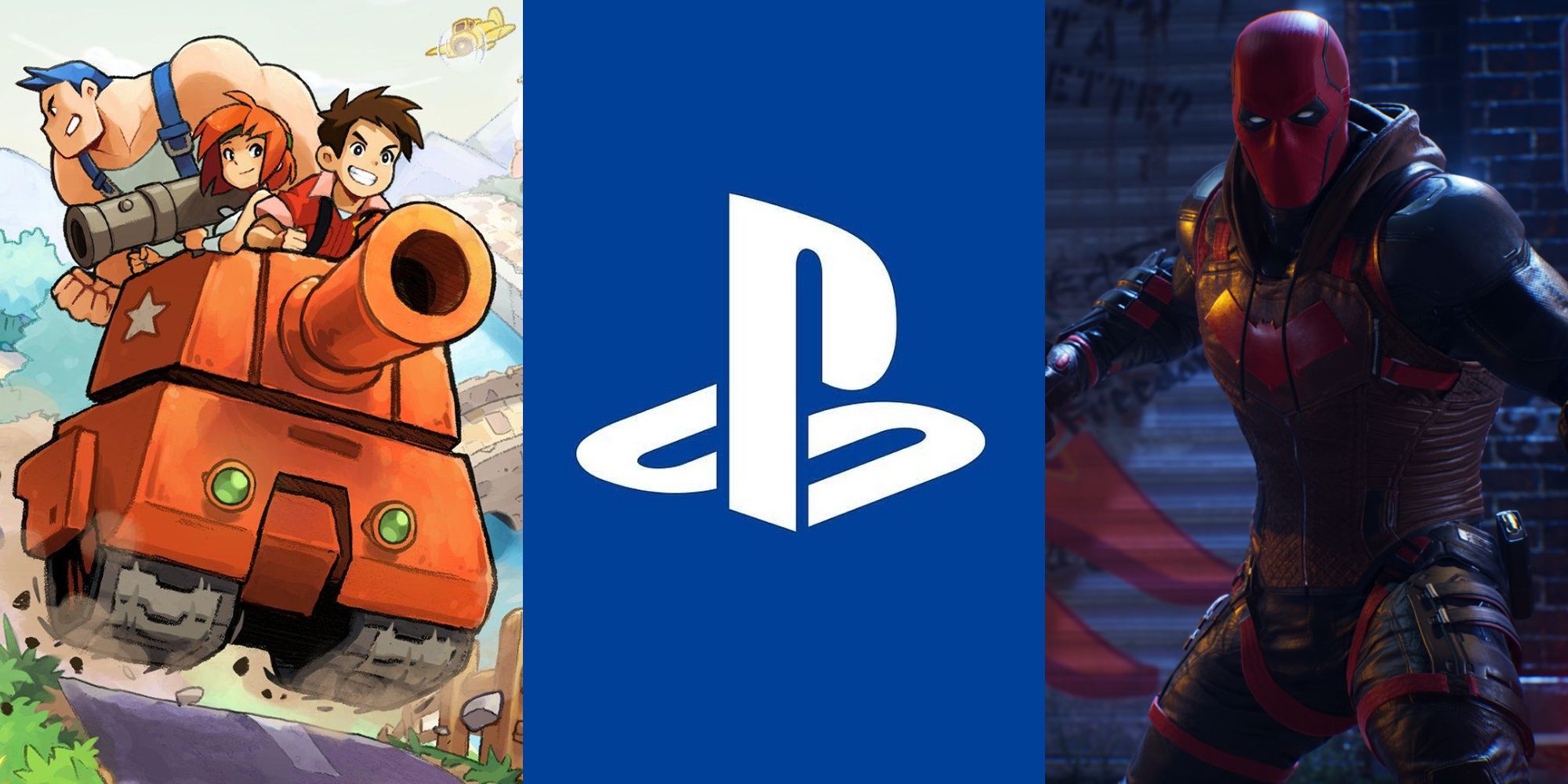 Characters from Advance Wars in a tank, a PlayStation logo, and a character from Gotham Knights