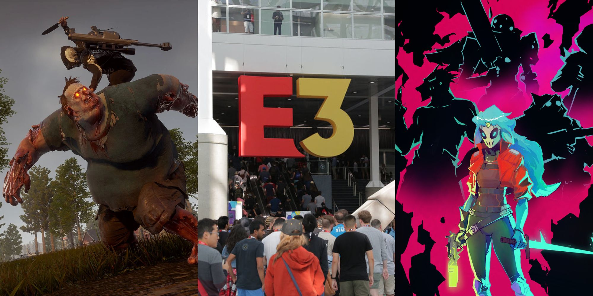 Man stabbing a zombie in State of Decay, an E3 event, and characters from Hyper Light Breaker