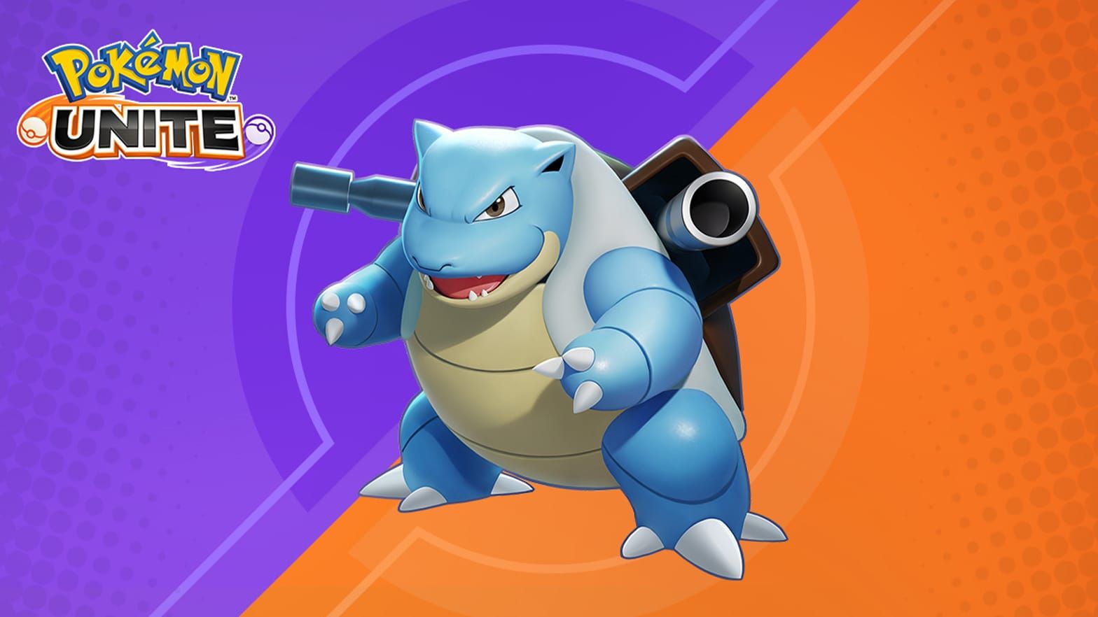  Image of Blastoise and the Pokemon Unite logo on a purple and orange background