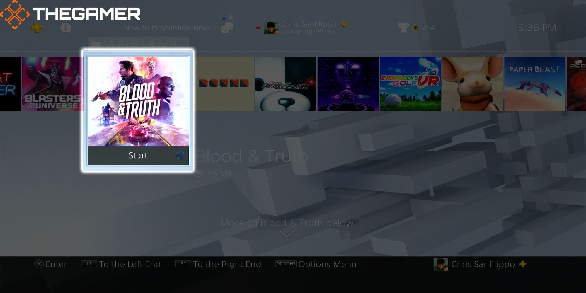 Blood And Truth Start Icon in the VR Games Folder of Chris's Sad PS4 Home Page.