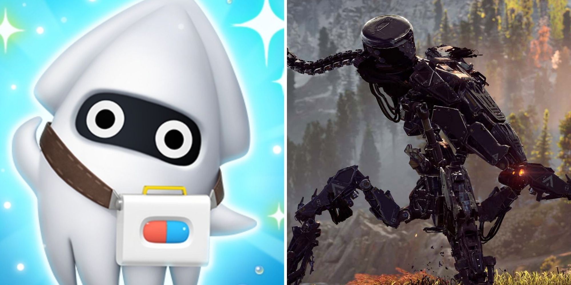 Split Image Dr. Blooper from Dr. Mario says hi as a Corruptor from Horizon stands outside in a field