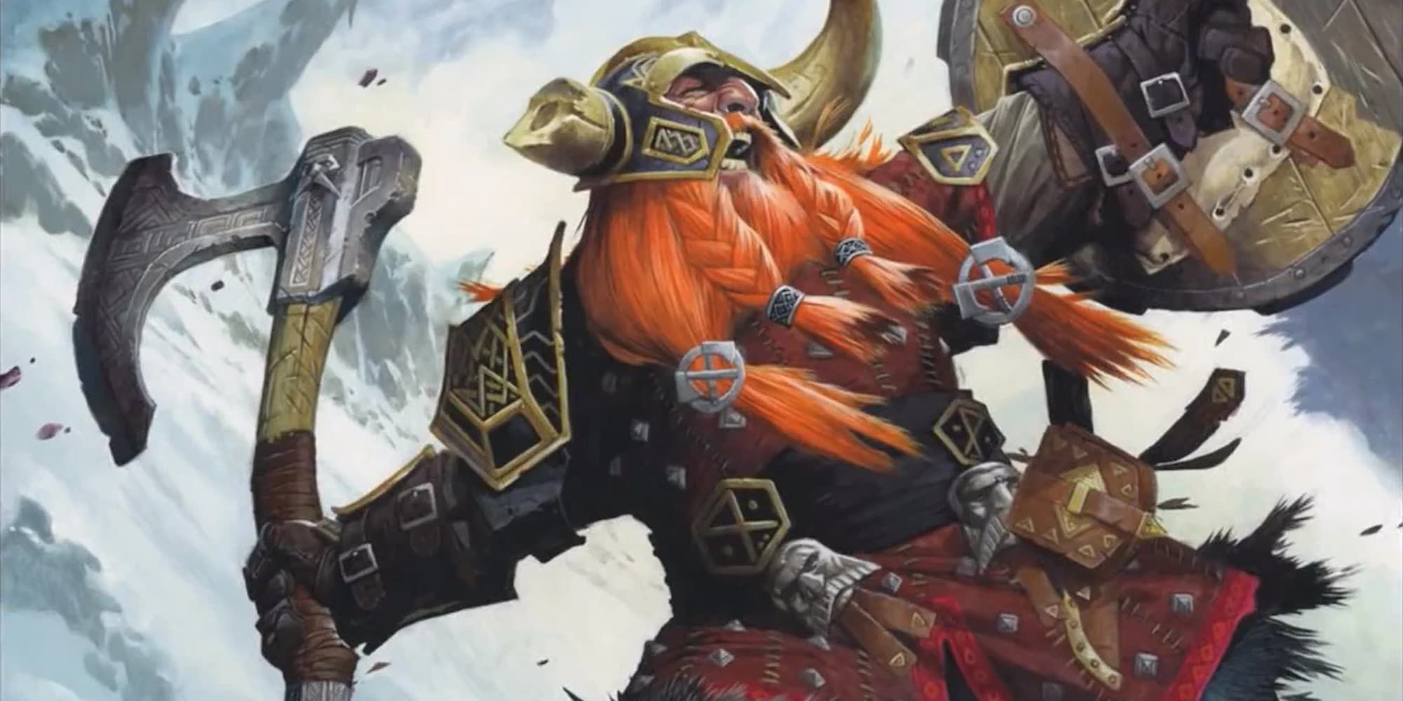 Bruenor Battlehammer wielding a shield and axe with an expression of rage whilst on a snowy mountain.