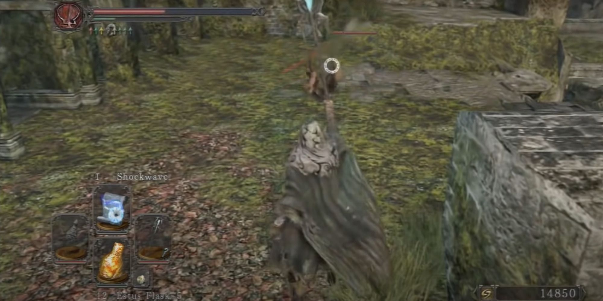 Player using the Shockwave Sorcery in Dark Souls 2 while wearing the Hexer's Hood and using the Staff of Wisdom