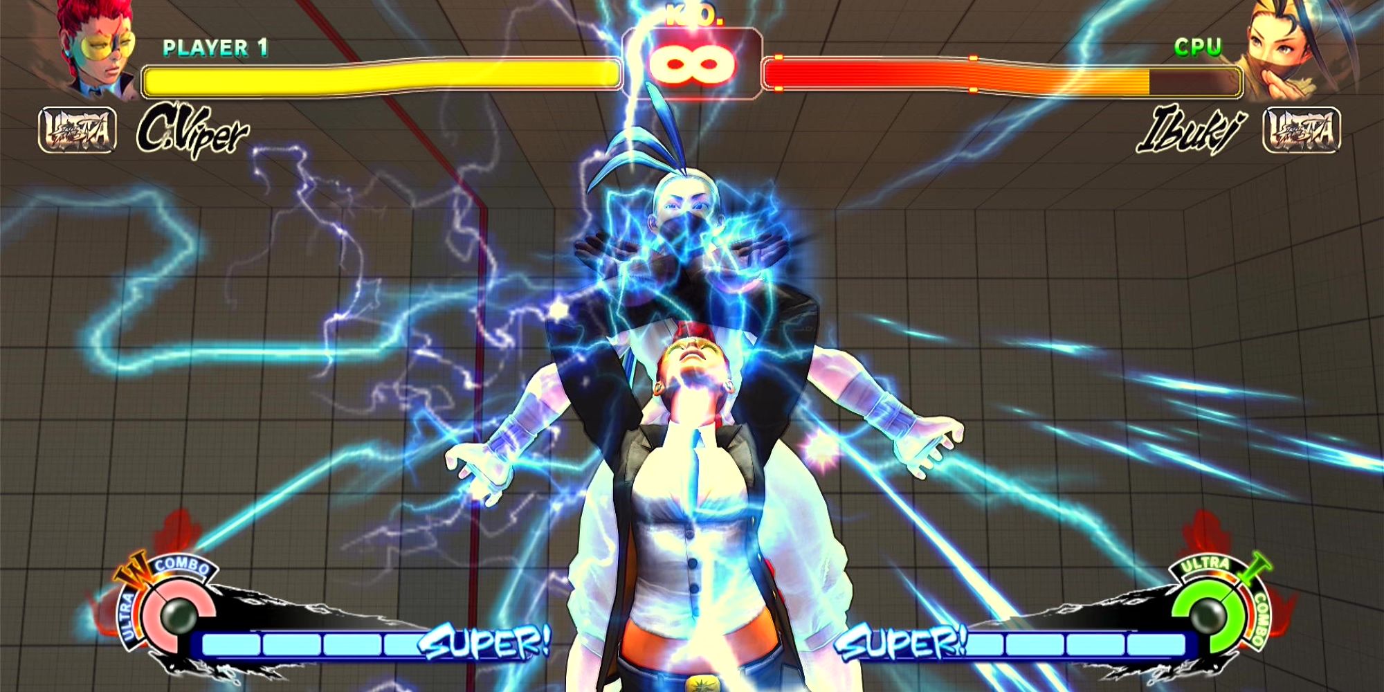 C Viper shocks Ibuki with her Burning Dance Ultra Combo in a battle at the Training Stage. Ultra Street FIghter 4.