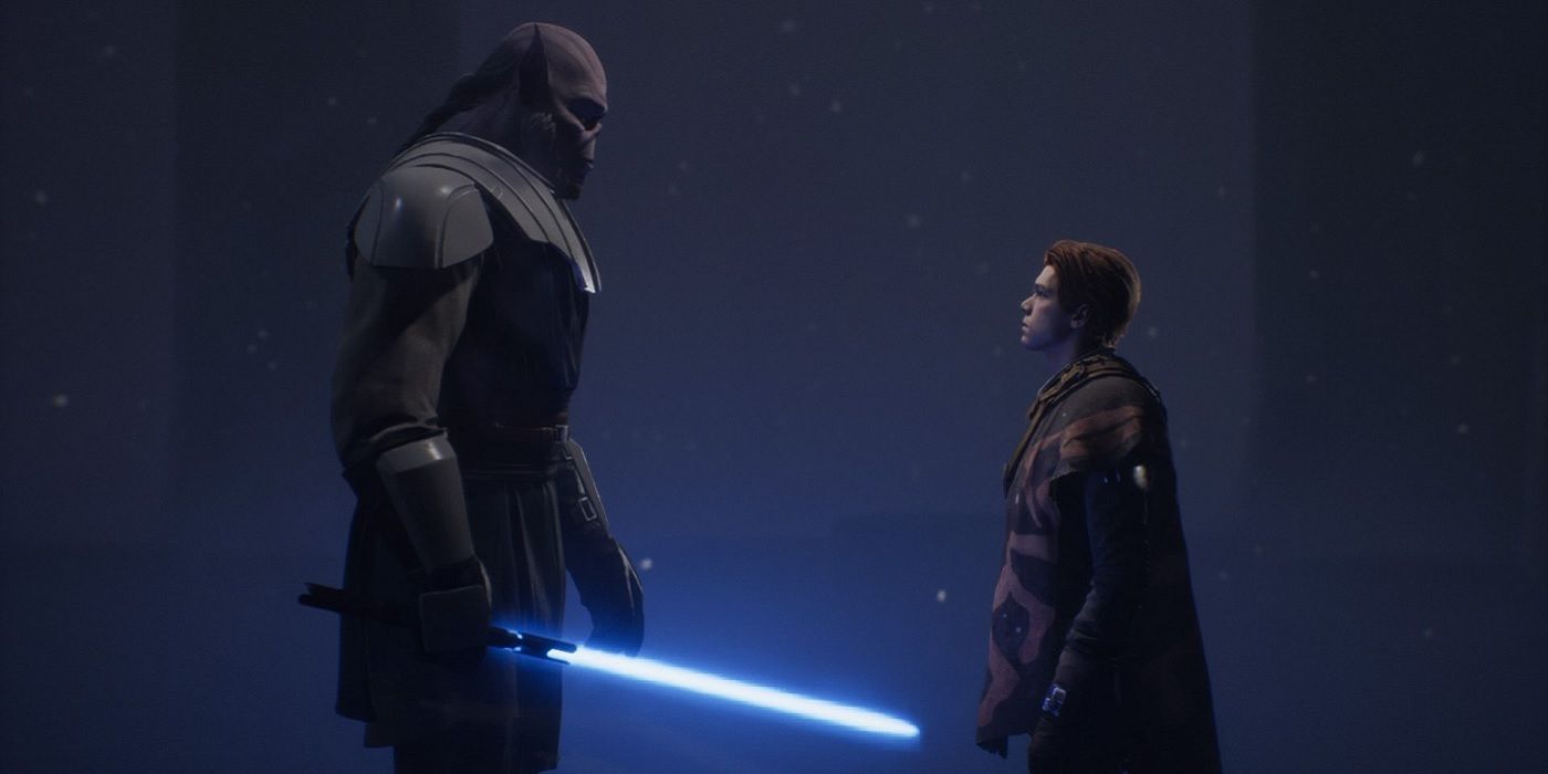 Jedi Fallen Order Jaro Tapal with blue lightsaber facing Cal Kestis in a dark space