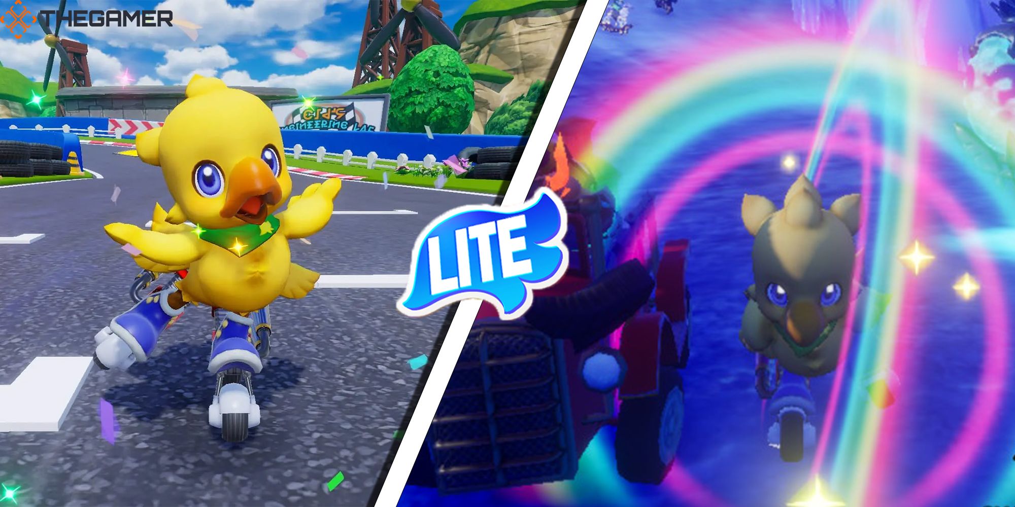 [Left Panel] Chocobo takes a victory lap around Cid's Test Track. [Right Panel] Chocobo and Ifrit race side by side at the Interdimensional Rift. Over the separation, there is a blue feather with the word, 'Lite,' on it. Chocobo GP. Custom Image: TG.