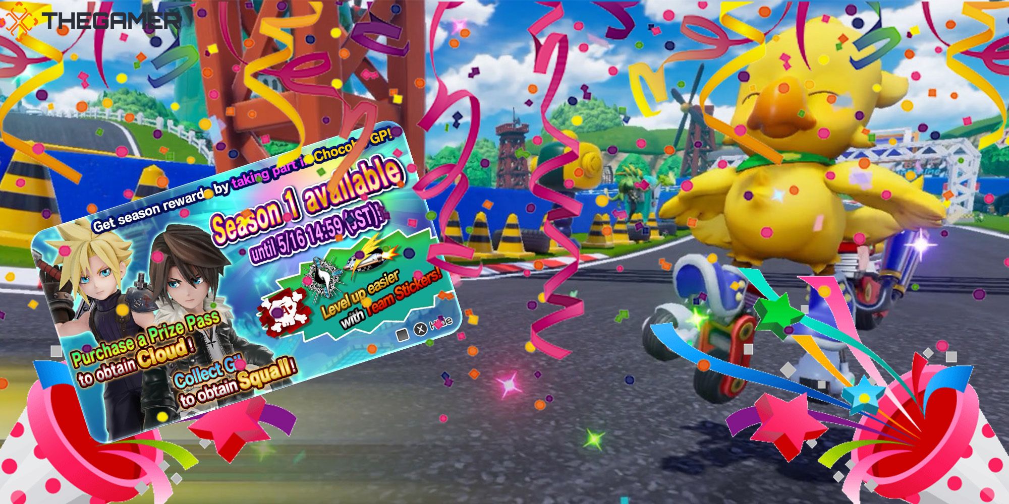 Chocobo races toward a Season 1 Prize Pass at Cid's Test Track while confetti and streamers shoot all around him. Custom Image. Chocobo GP.