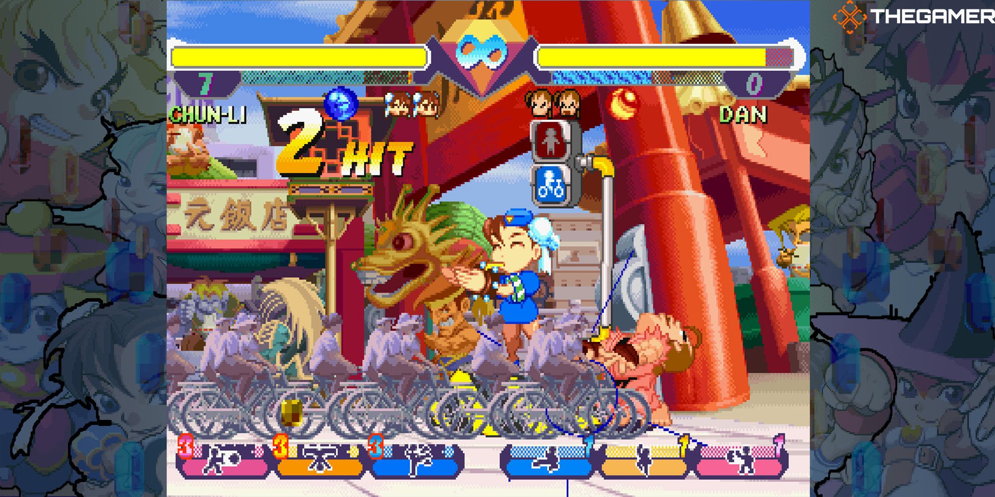 Chun-li directs a mob of cyclists towards Dan in a battle at Gen's Restaurant. Pocket Fighter.