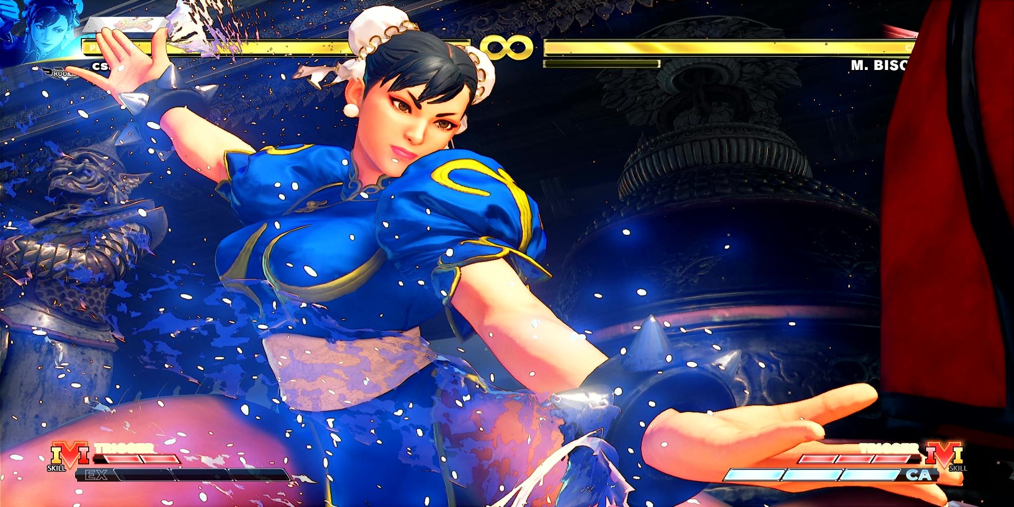 Chun-li prepares her Hoyokusen in a battle against Bison at his Temple Hideout. Street Fighter 5.