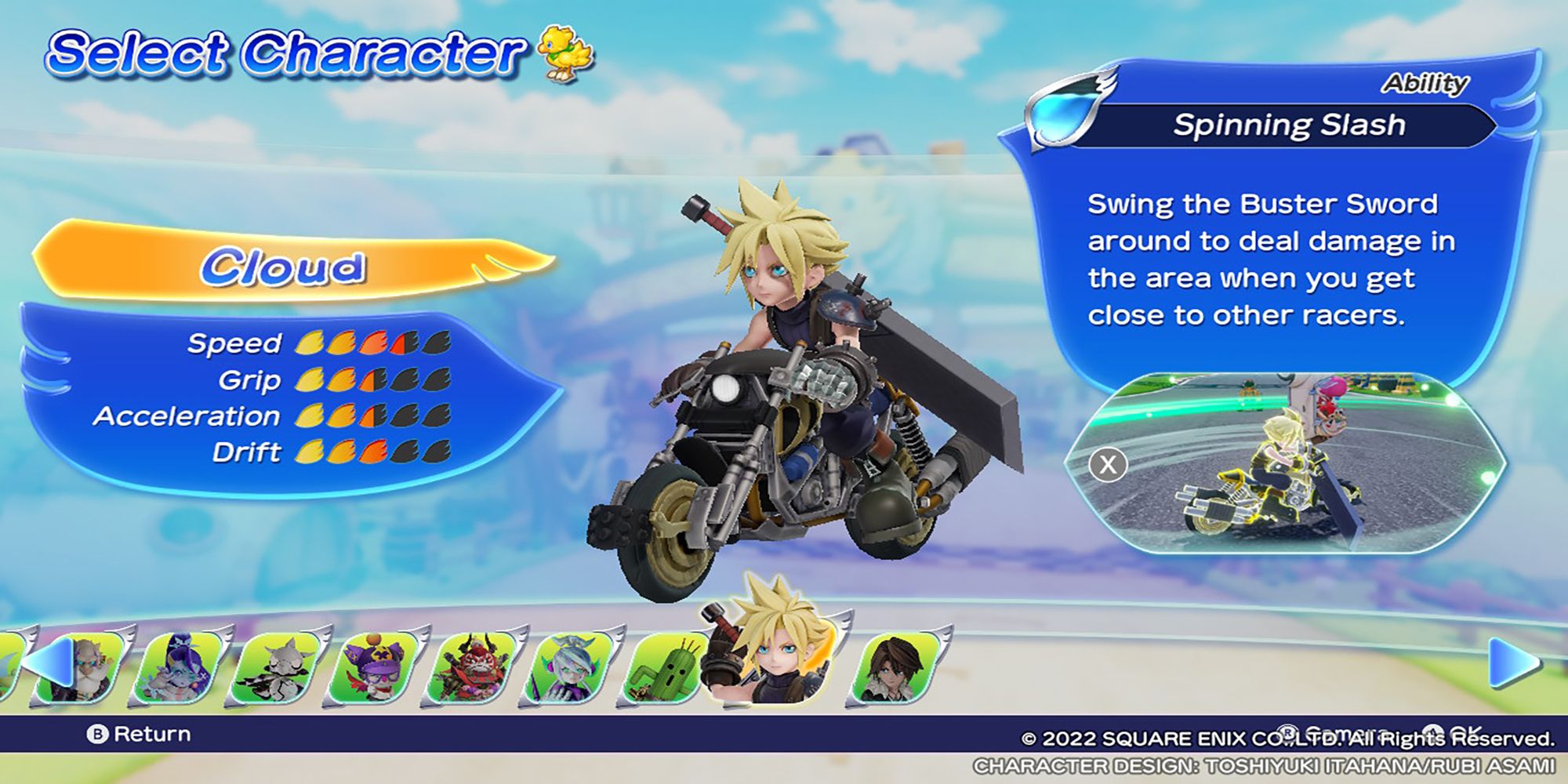 Cloud's character model, along with his stats and abilities, in the Select Character menu. Chocobo GP.