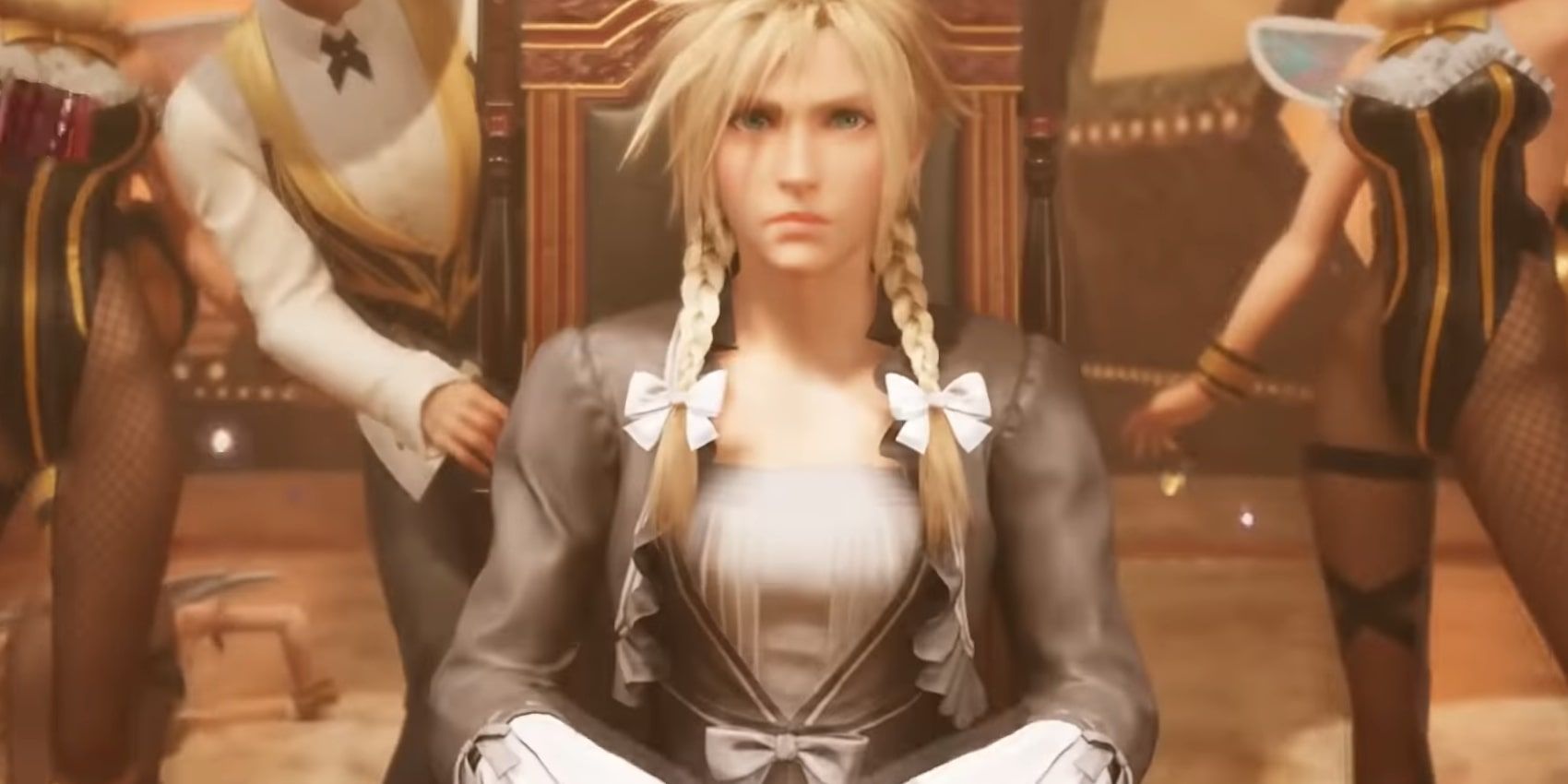 A screenshot of Cloud in a black dress in Final Fantasy 7 Remake.