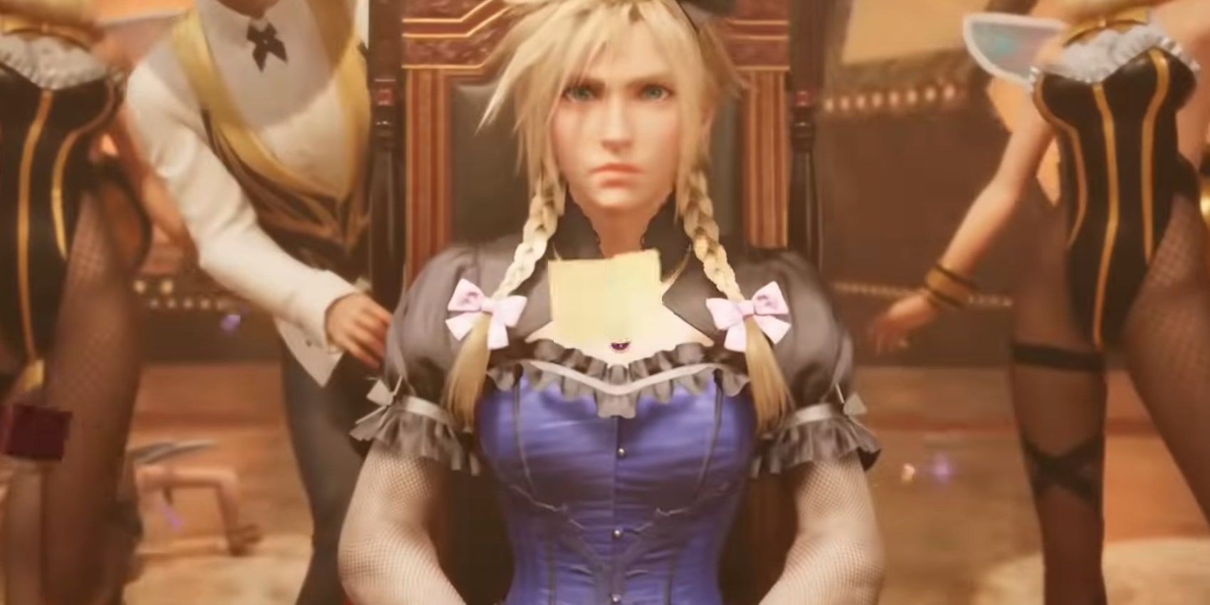 A screenshot of Cloud in a blue dress in Final Fantasy 7 Remake.