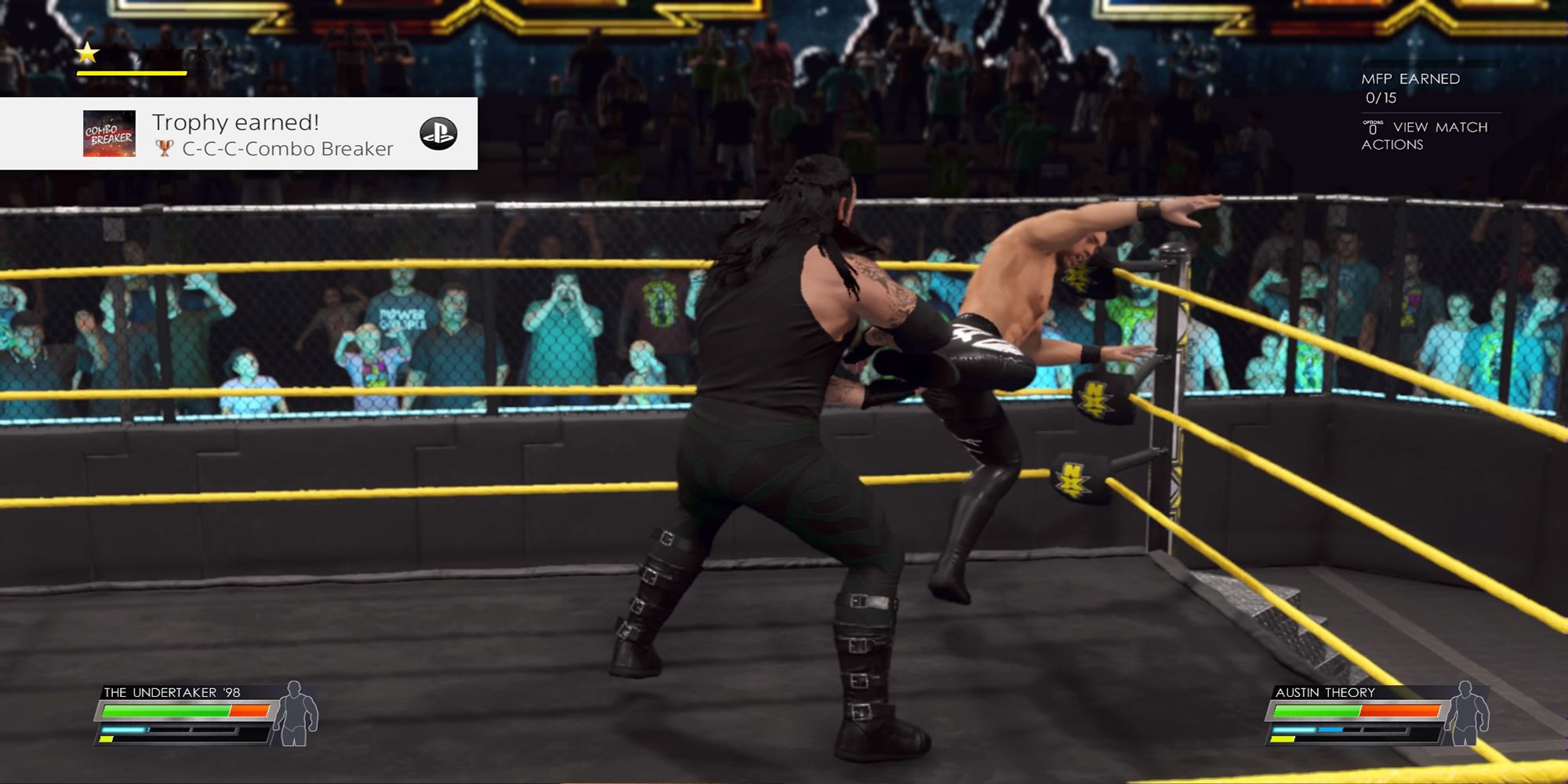 The Undertaker catches Austin Theory in a Combo Breaker at the NXT Arena. WWE 2K22.