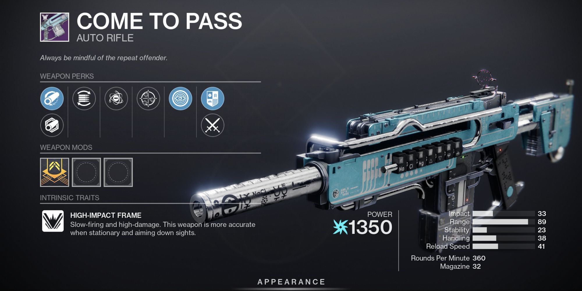 Come to Pass weapon menu