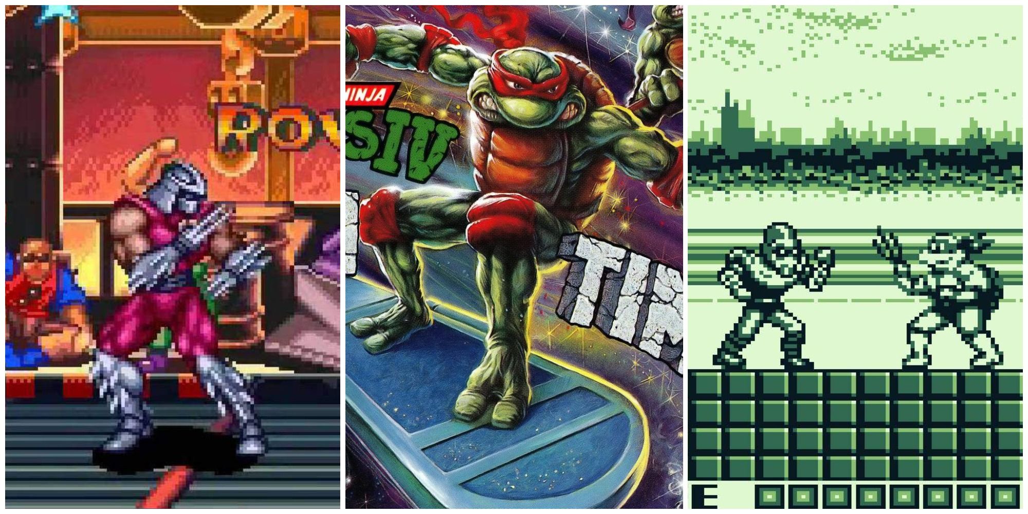 Shredder, Raph, and Gameboy Raph from left to right