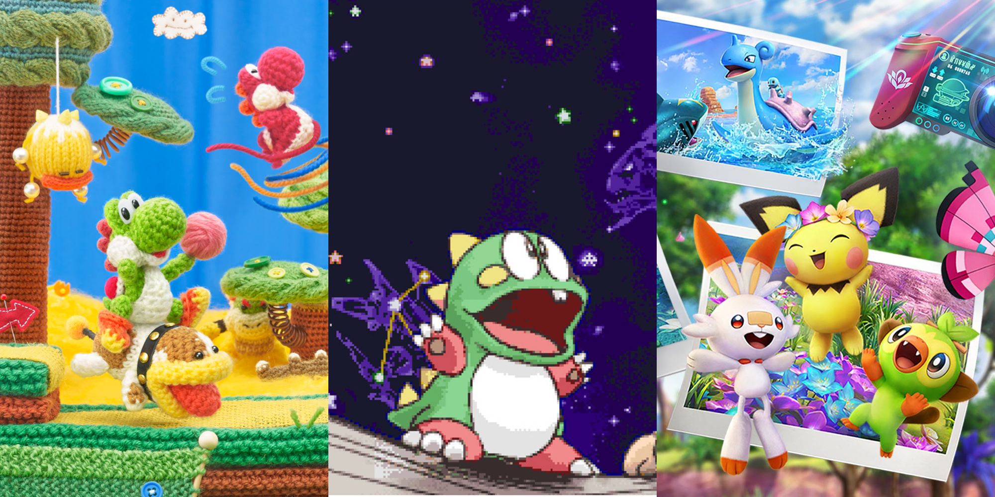 Three column, split image. From left to right, Knitted Yoshi riding on Poochy from Woolly World, Bub from Bubble Bobble looking towards the stars and the New Pokemon Snap cover image. Scorbunny, Pichu and Grookey are jumping in the air.