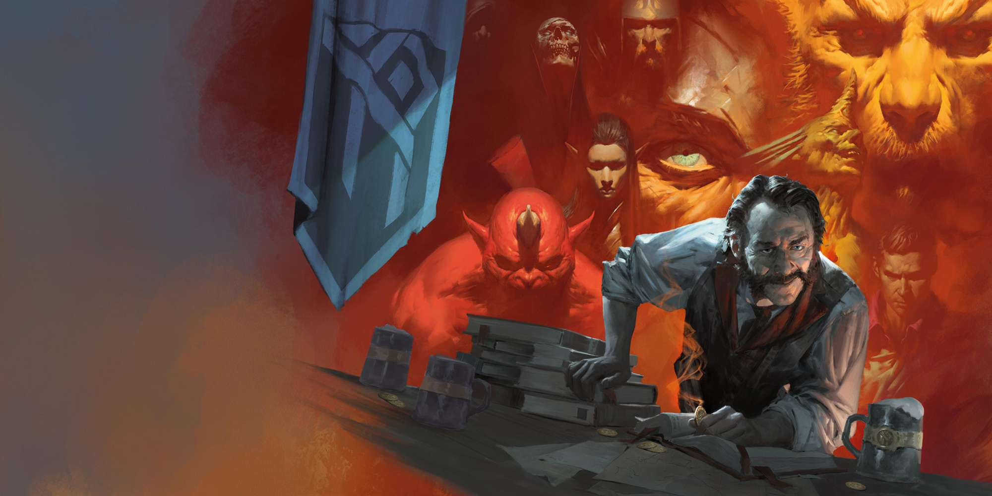 D&D Tales From The Yawning Portal Cover Art of the Landlord leaning over a desk with monsters looming behind him