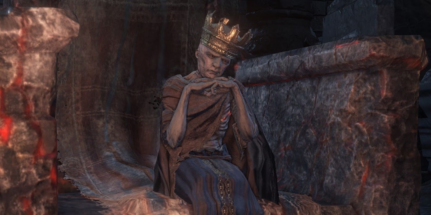 Ludleth Lord of Cinder sitting on his throne, thinking.