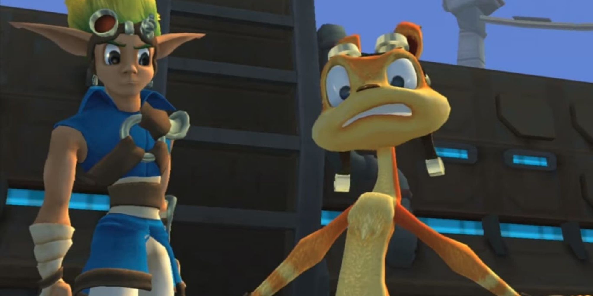 Daxter stares into into the camera with Jak in the background staring back at him