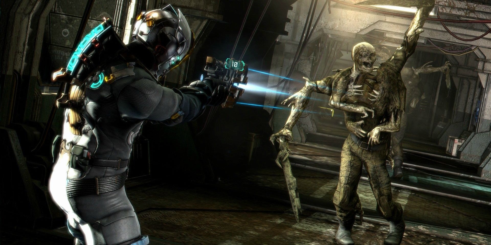 Isaac aims at a necromorph in Dead Space