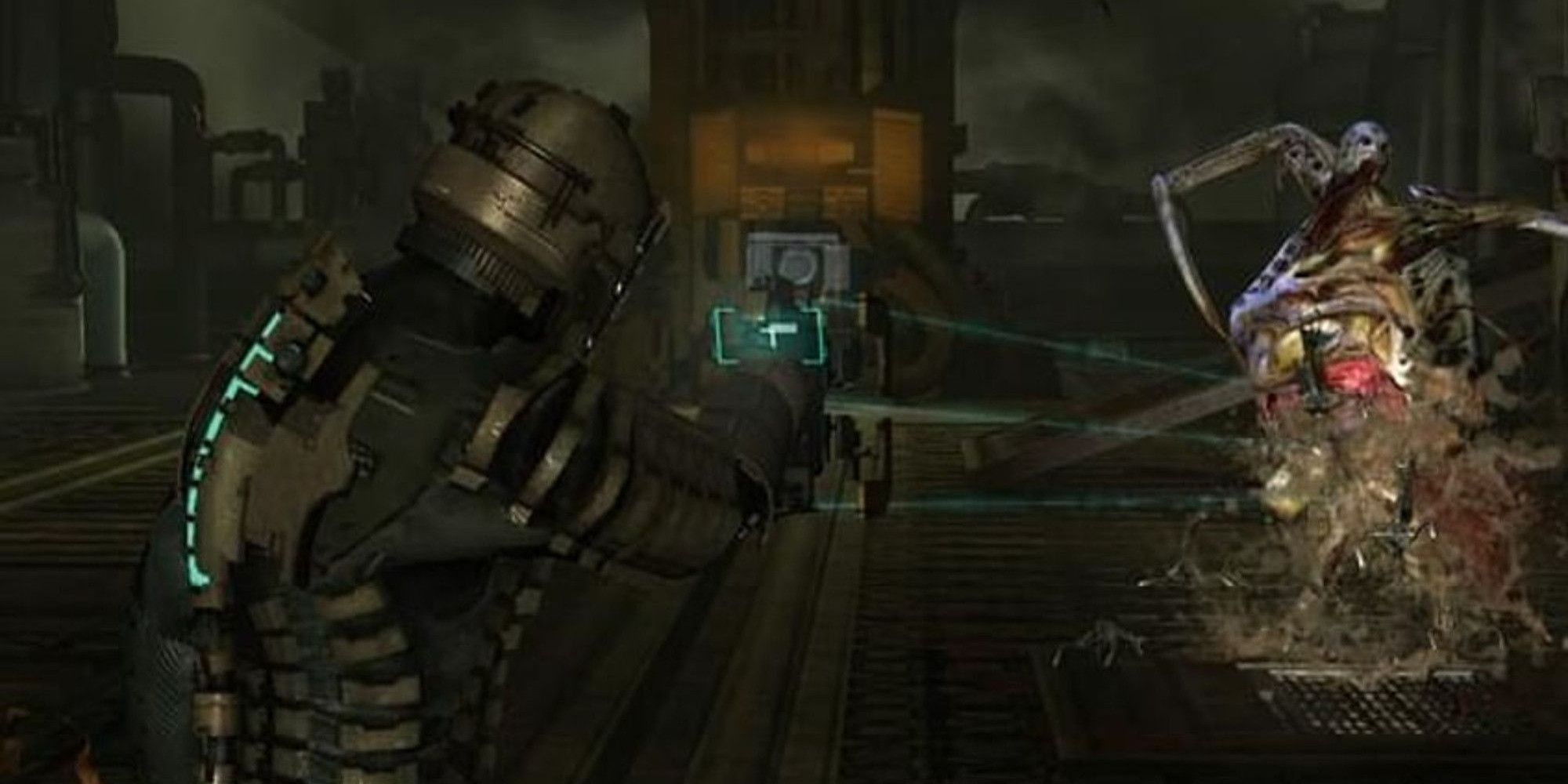 Isaac Clarke takes down a Necromorph with a Ripper in Dead Space 2