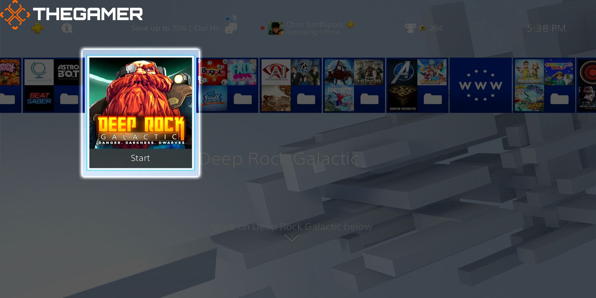 The Deep Rock Galactic Start Icon, between the VR Games and Board Games Folders in Chris's Sad PS4 Home Page.