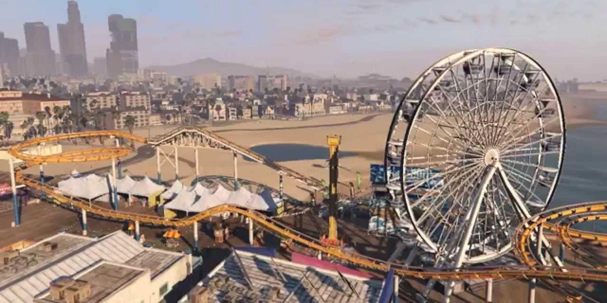 Grand Theft Auto 5 Del Perro Pier's Roller Coaster, Ferris Wheel, And Various Attractions Daytime