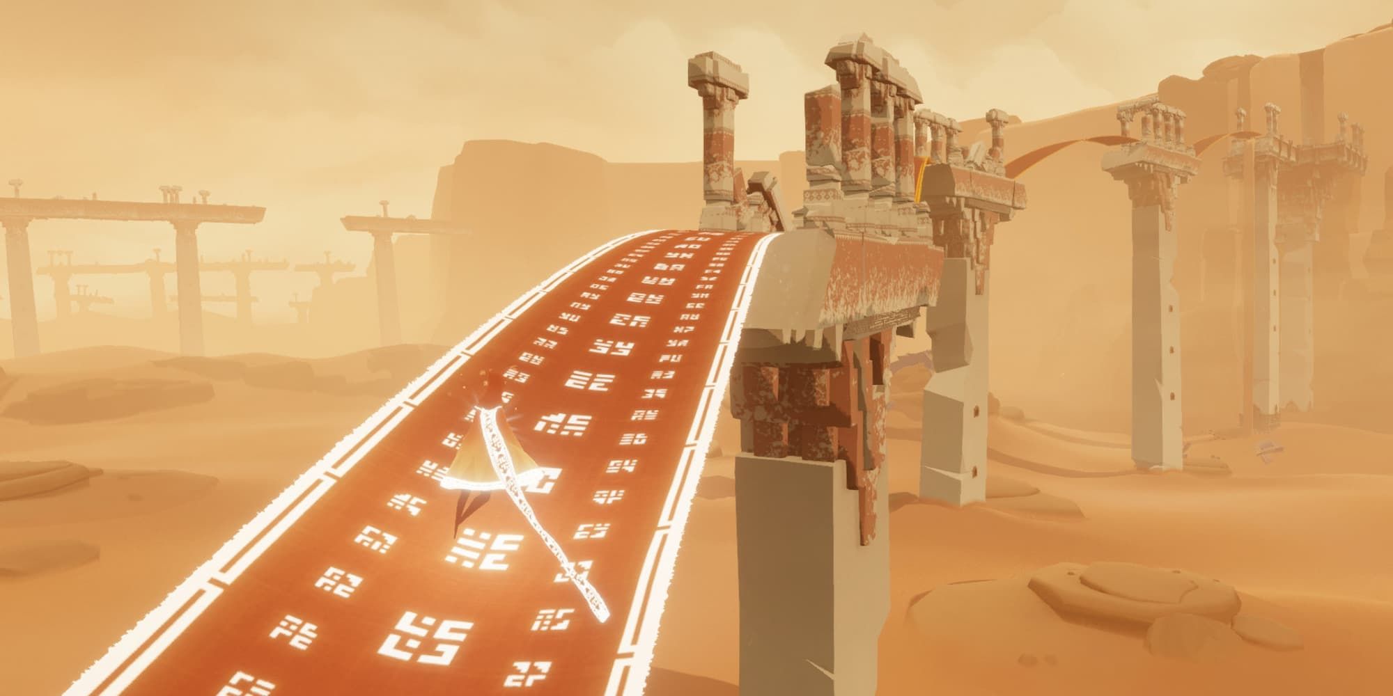 The traveller crossing bridges made of fabric in the desert