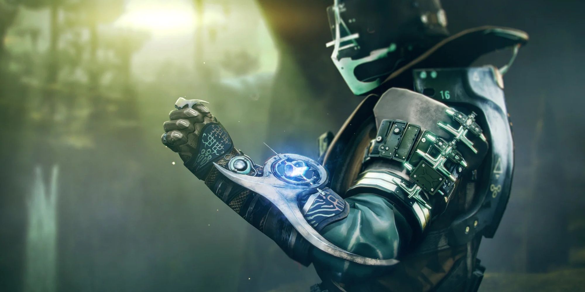 A Warlock looks down at the powerful Stasis Exotic, Osmiomancy Gloves in Destiny 2.