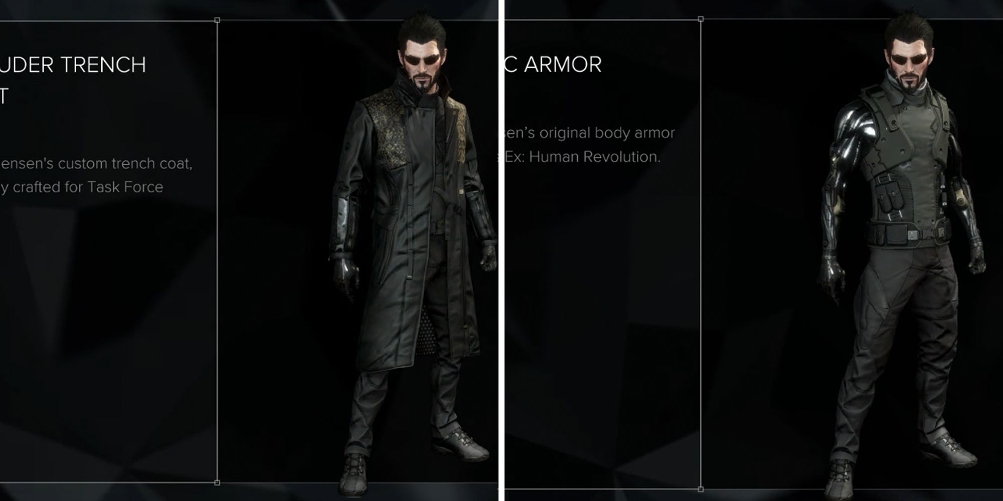 Deus Ex outfits split image. Trench coat and classic armor.