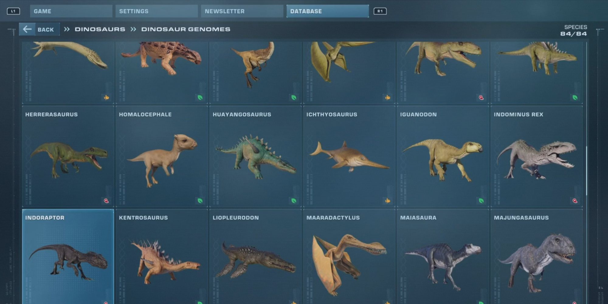 Dinosaur Database showing which movie the Dinosaurs star in Jurassic World Evolution 2