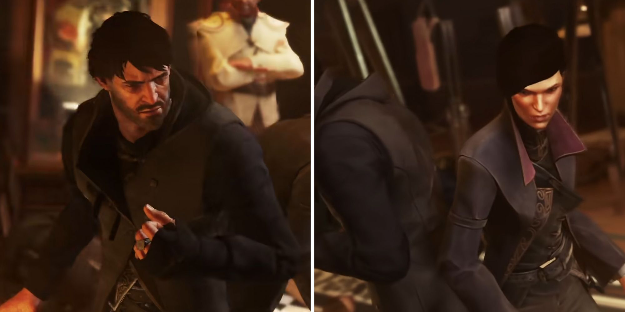 Dishonored 2 Corvo and Emily cutscene. Split image.