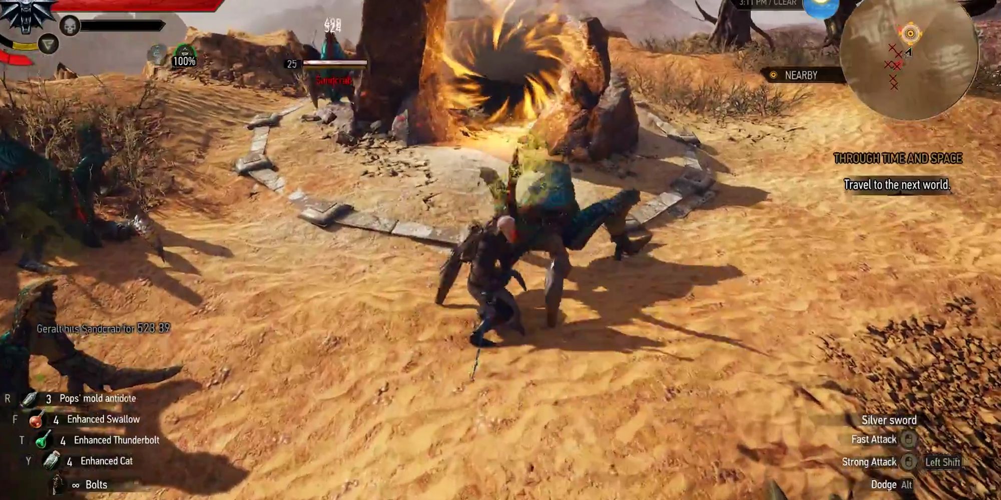 The Witcher 3 Geralt fighting Sand crabs with a portal next to him.