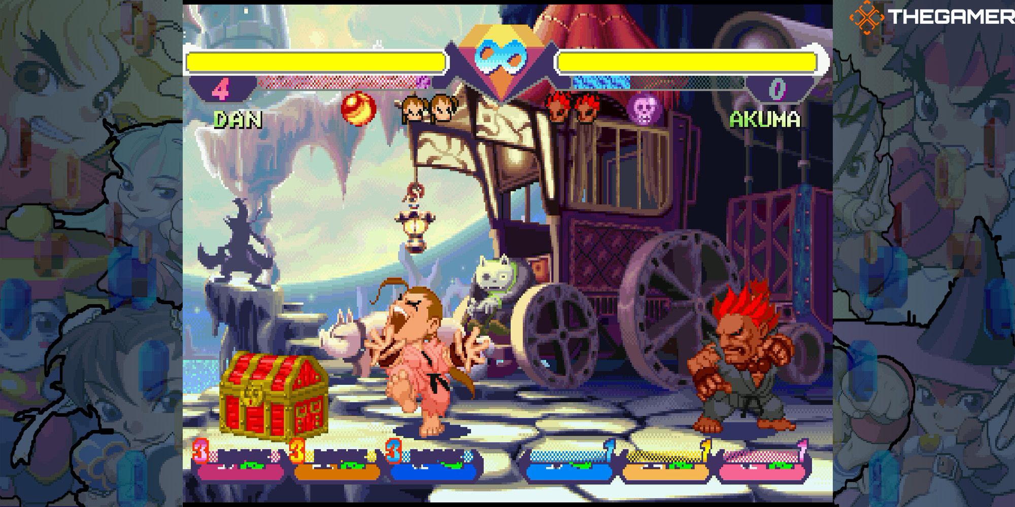 Dan flinches in a battle against Akuma at Moonlight Dark Castle. Pocket Fighter.