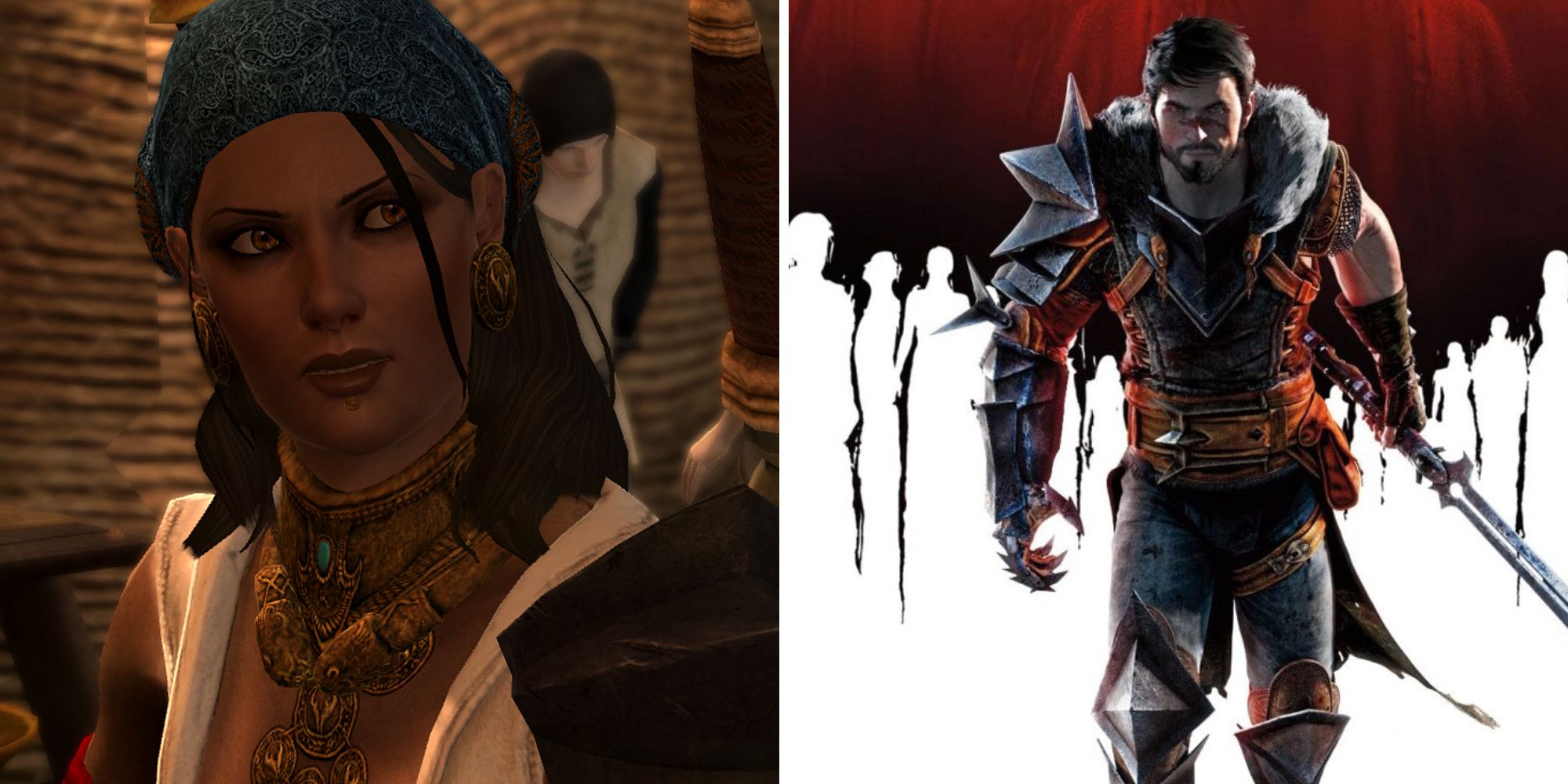Dragon Age 2 split image. Isabela and Hawke.