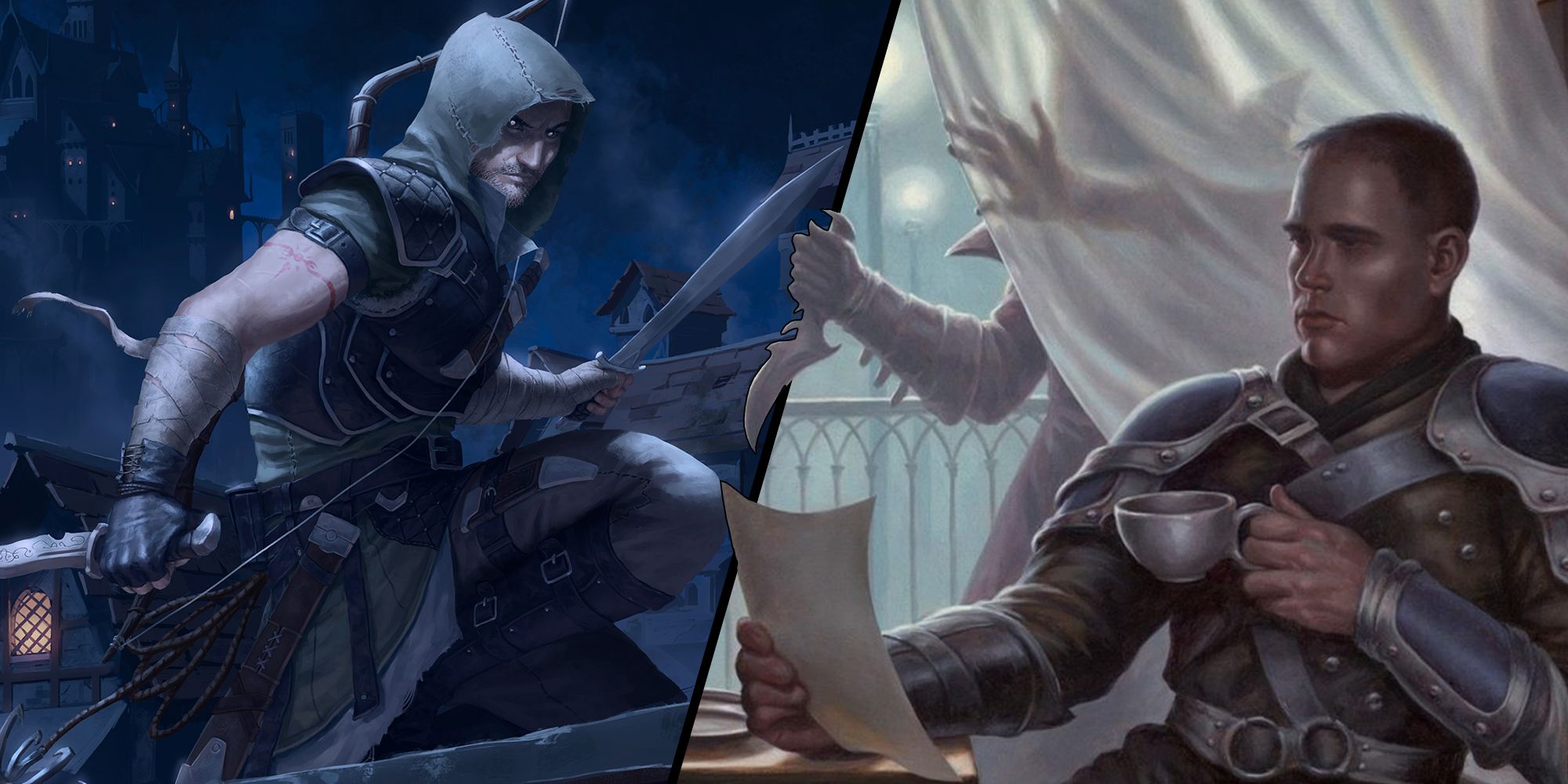Dungeons & Dragons split image of a rogue on a rooftop and an assassin sneaking behind a guard