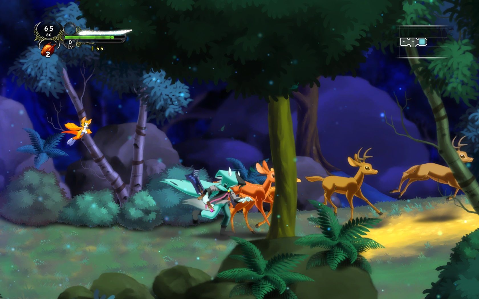 Dust: An Elysian Tail screenshot of the main character running with wildlife