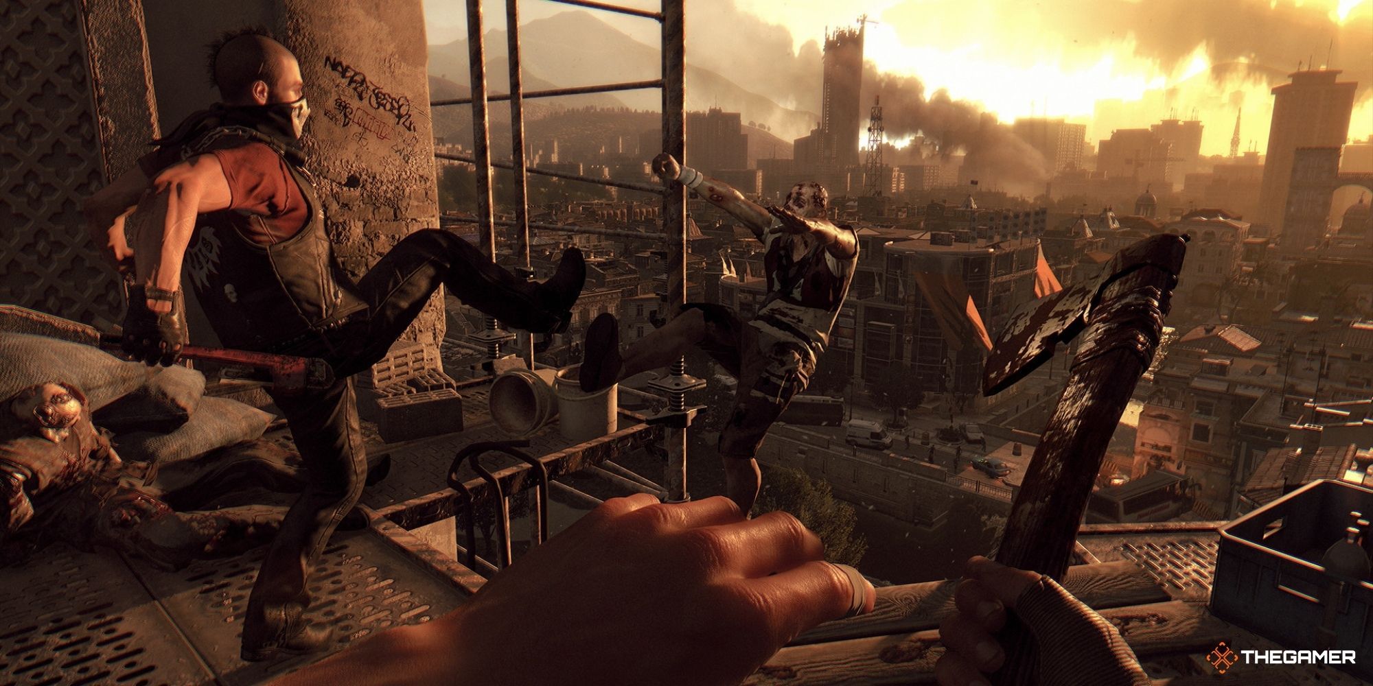 Dying Light - man being kicked off a roof