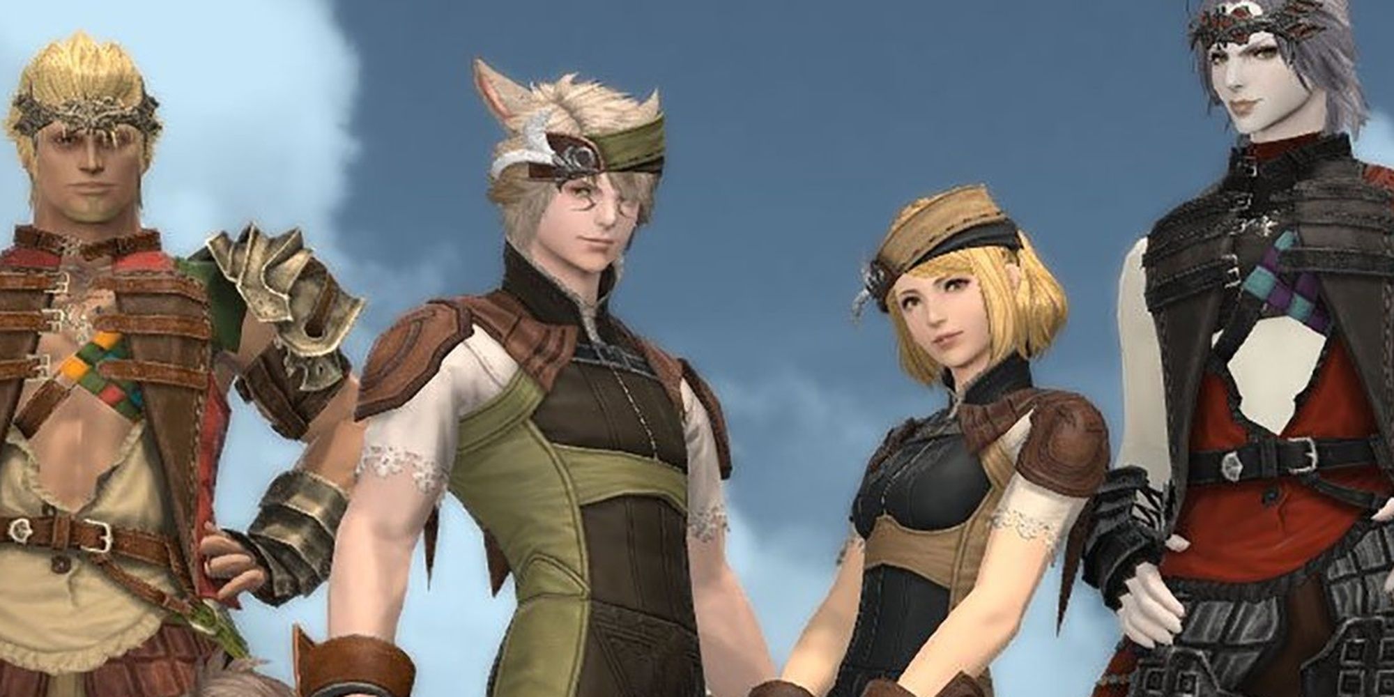 Final Fantasy 14 Four Characters in Zadnor Armor Against a Sky Blue Backdrop