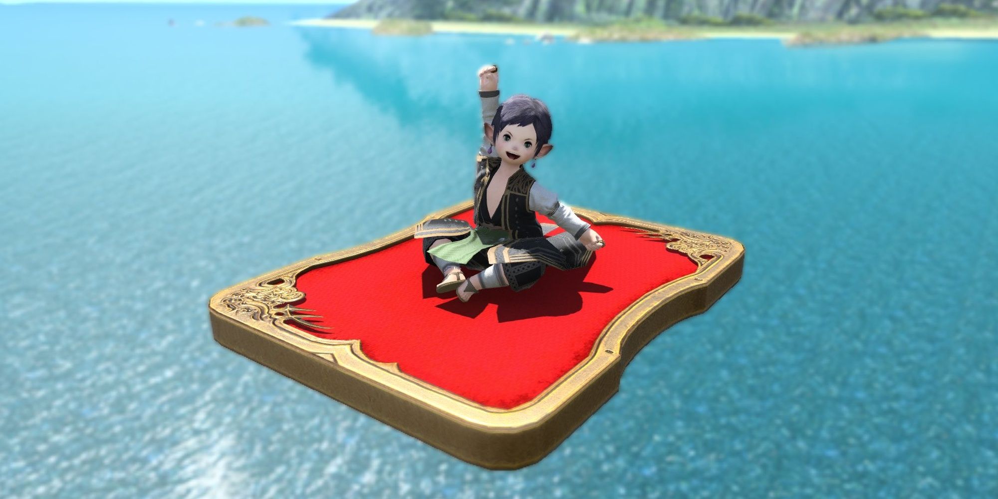 Final Fantasy 14 Lalafel Riding A Giant Triple Triad Card Over The Ocean
