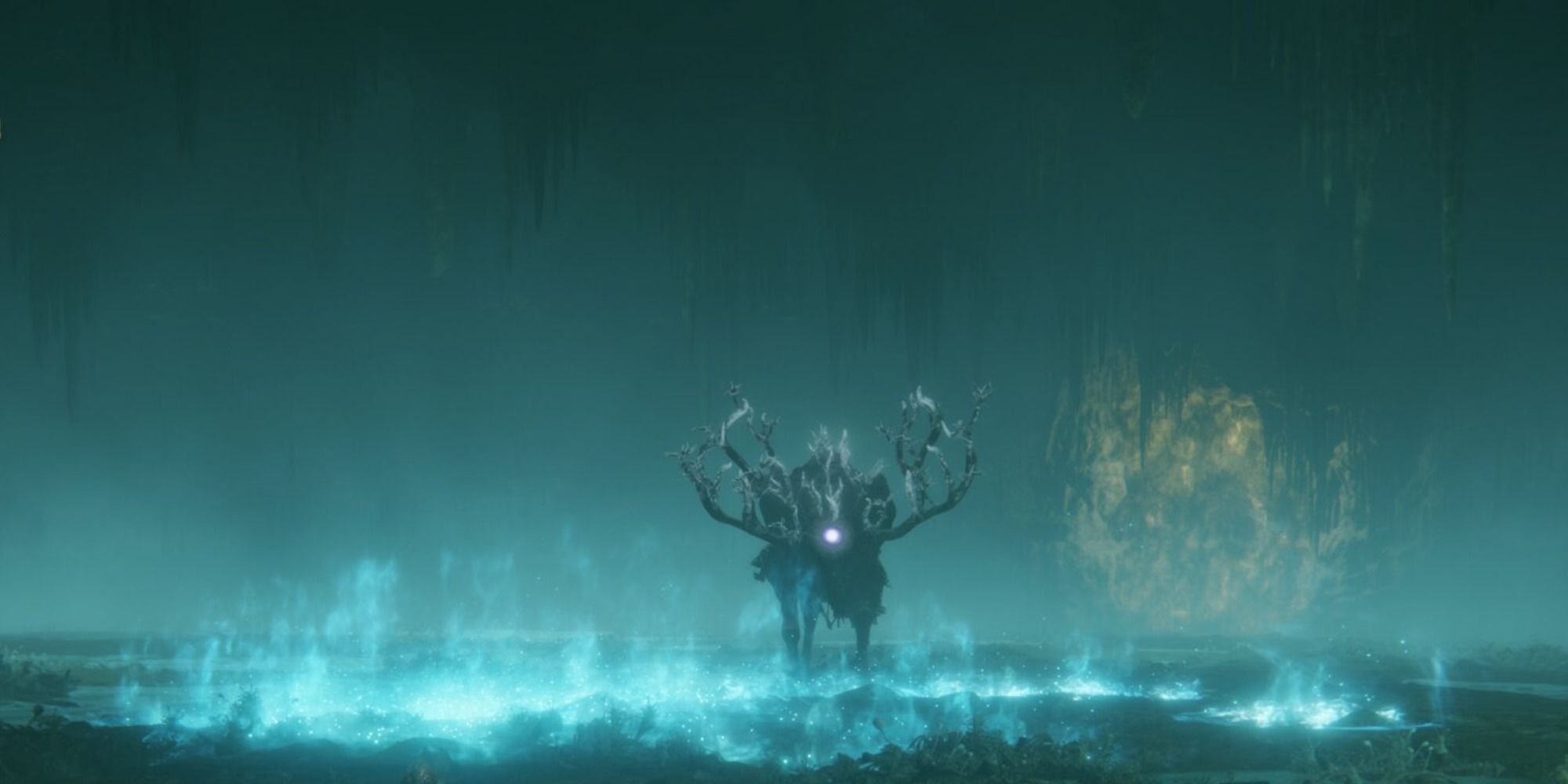 The Ancestor Spirit standing in its Blueish-White Ethereal Flame in Elden Ring
